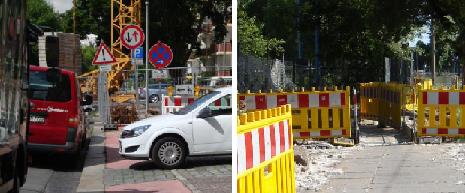 Baustellenabsicherung im Bereich von Geh- und Radwegen (links: ungenügende Baustellensicherung, rechts: gute Baustellensicherung)